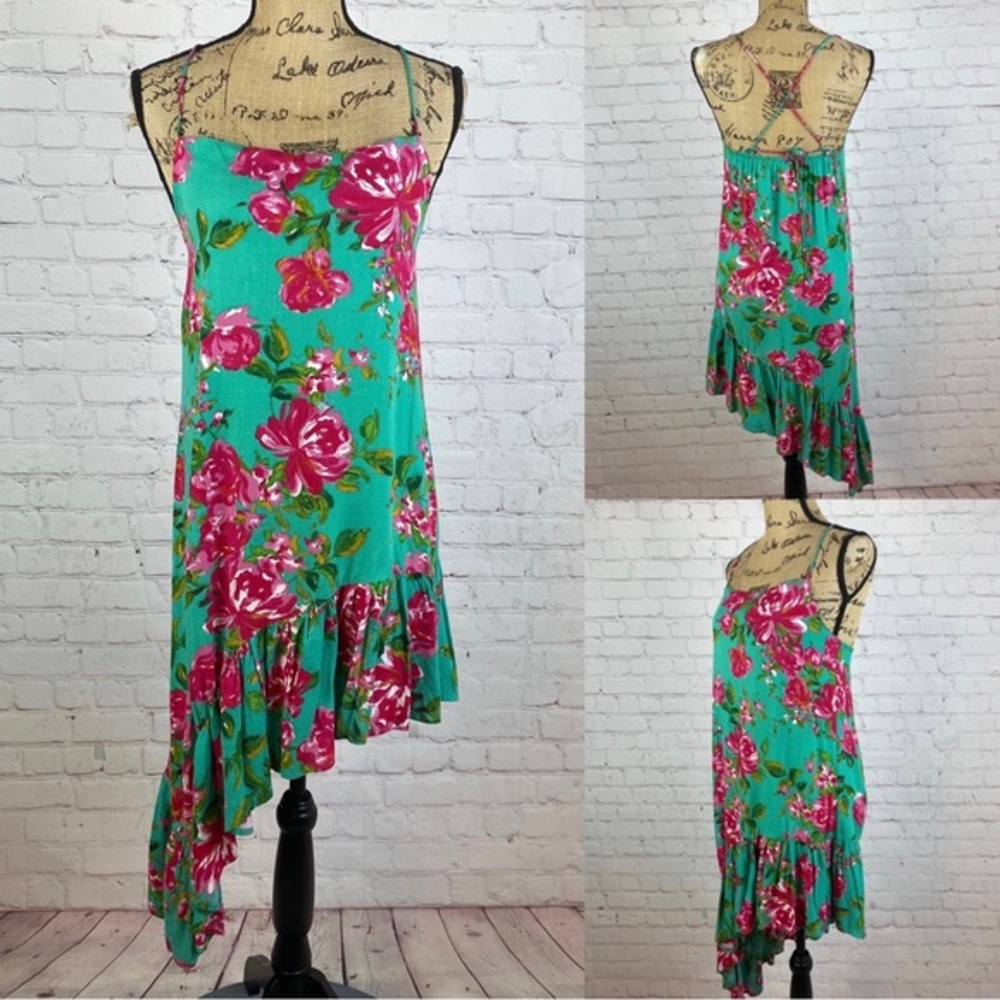 Lulus Green Floral Strappy Back Asymmetrical Hem Dress